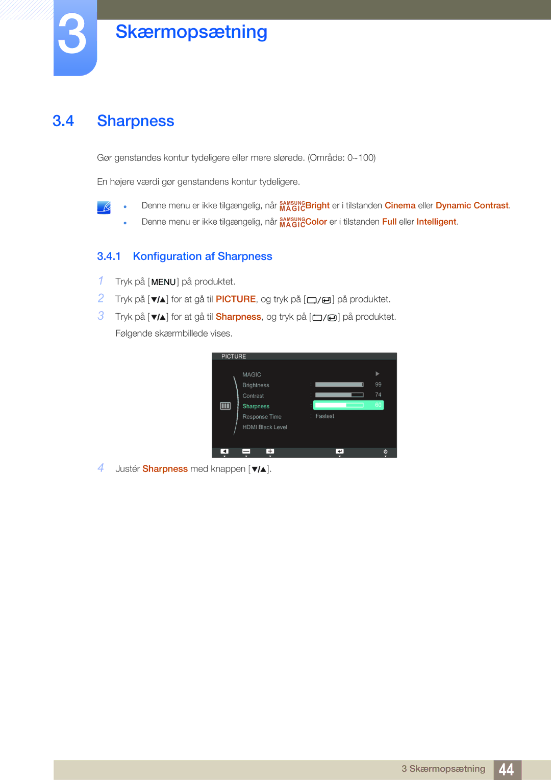 Samsung LS27A850TS/EN manual Konfiguration af Sharpness 