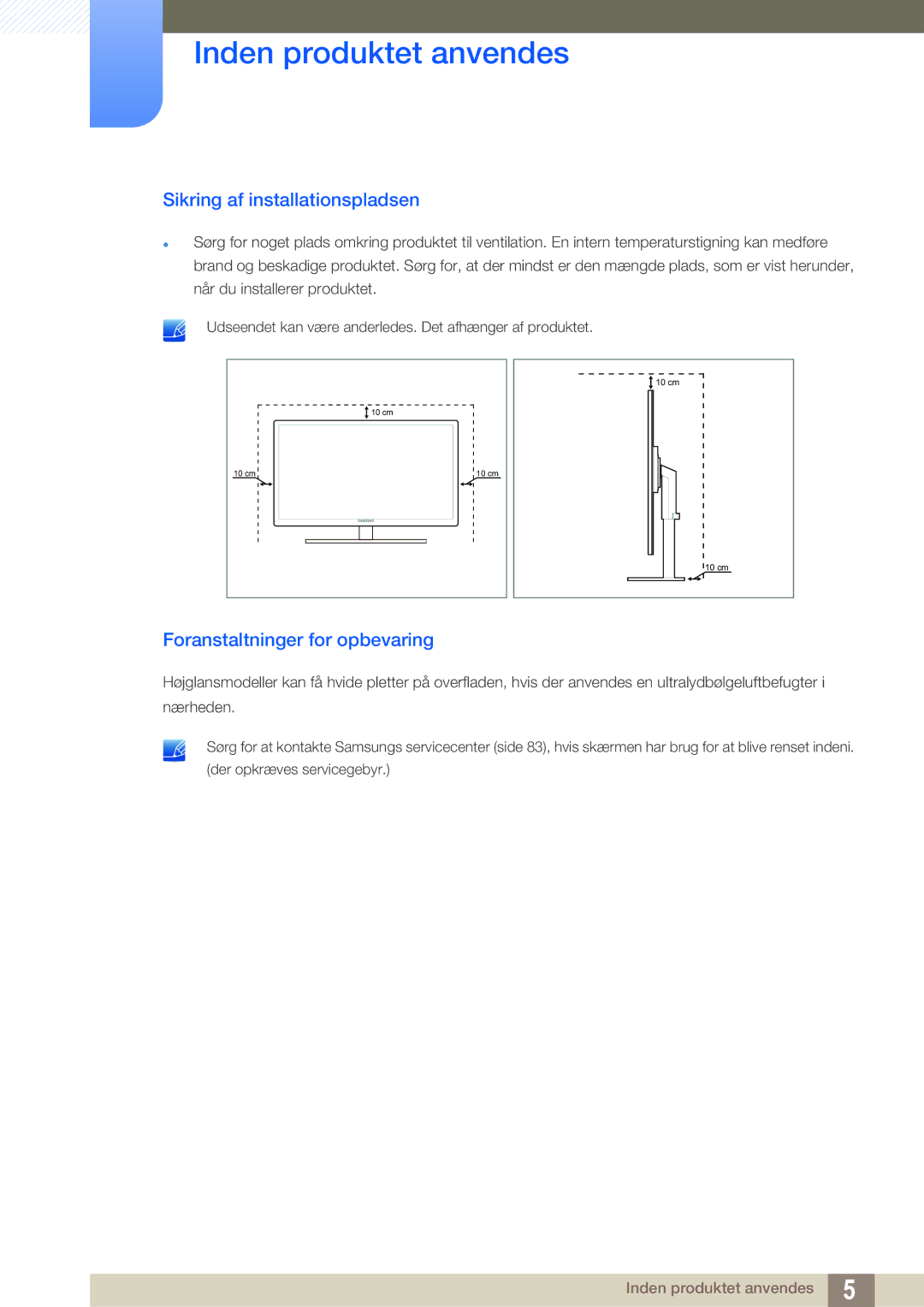 Samsung LS27A850TS/EN manual Sikring af installationspladsen, Foranstaltninger for opbevaring 