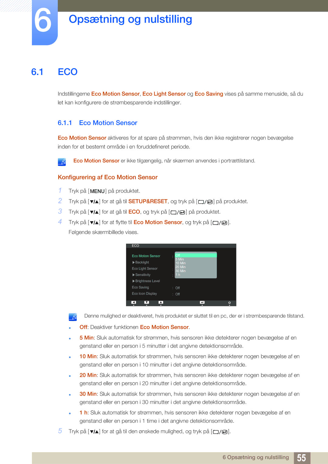 Samsung LS27A850TS/EN manual Opsætning og nulstilling, Konfigurering af Eco Motion Sensor 