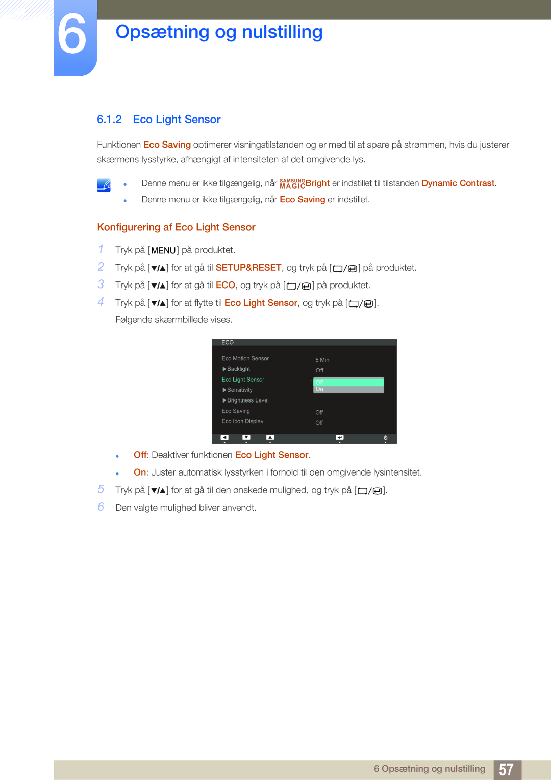 Samsung LS27A850TS/EN manual Konfigurering af Eco Light Sensor 