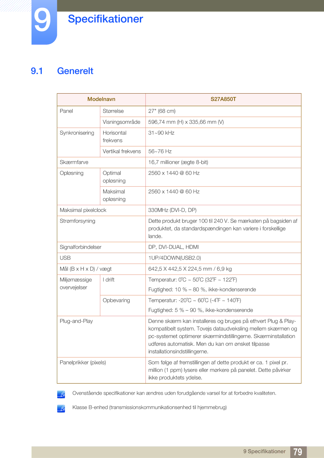 Samsung LS27A850TS/EN manual Specifikationer, Generelt 