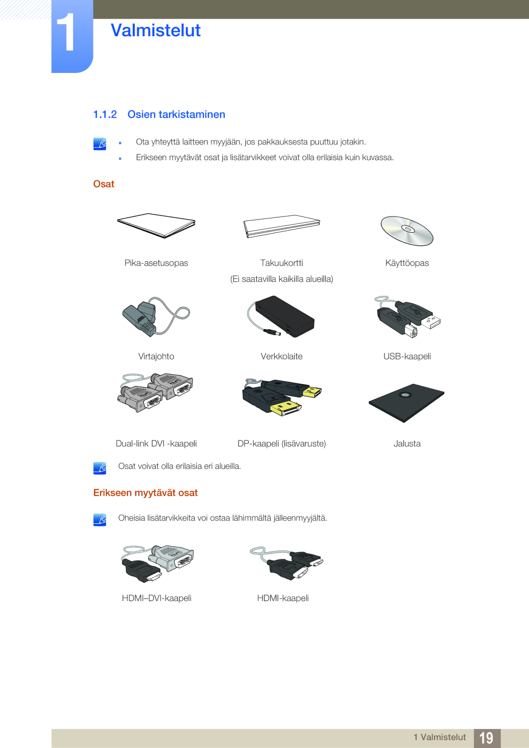 Samsung LS27A850TS/EN manual Osien tarkistaminen, Osat, Erikseen myytävät osat 