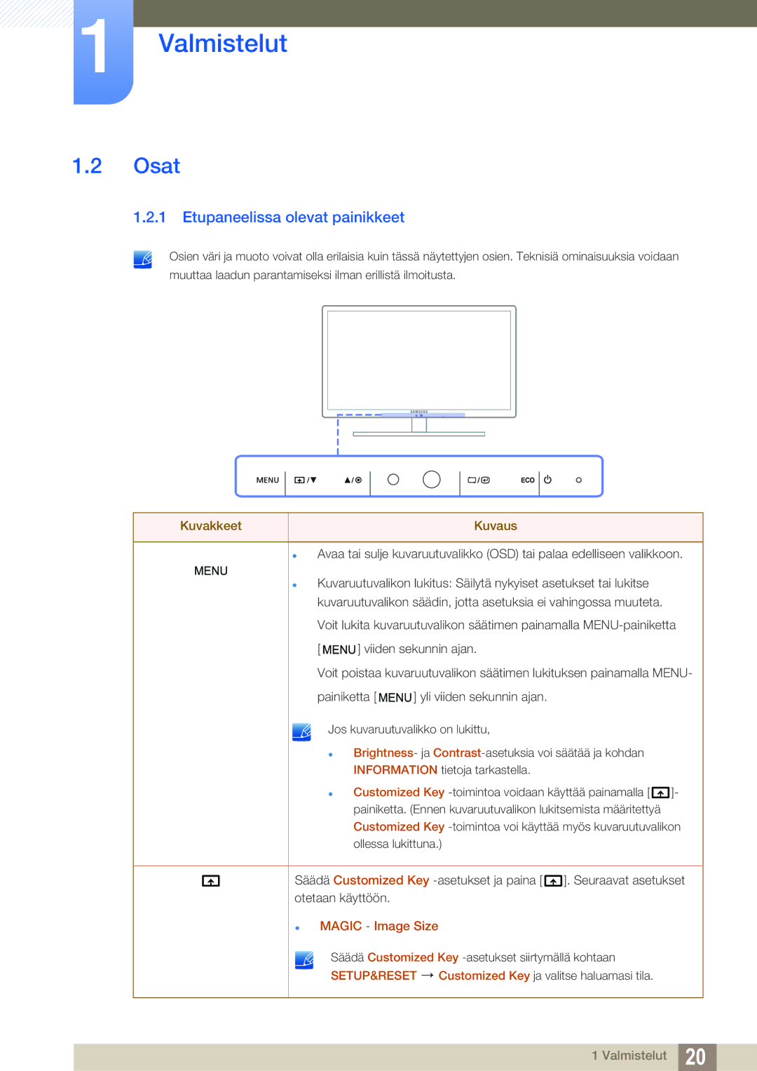 Samsung LS27A850TS/EN manual Osat, Etupaneelissa olevat painikkeet 