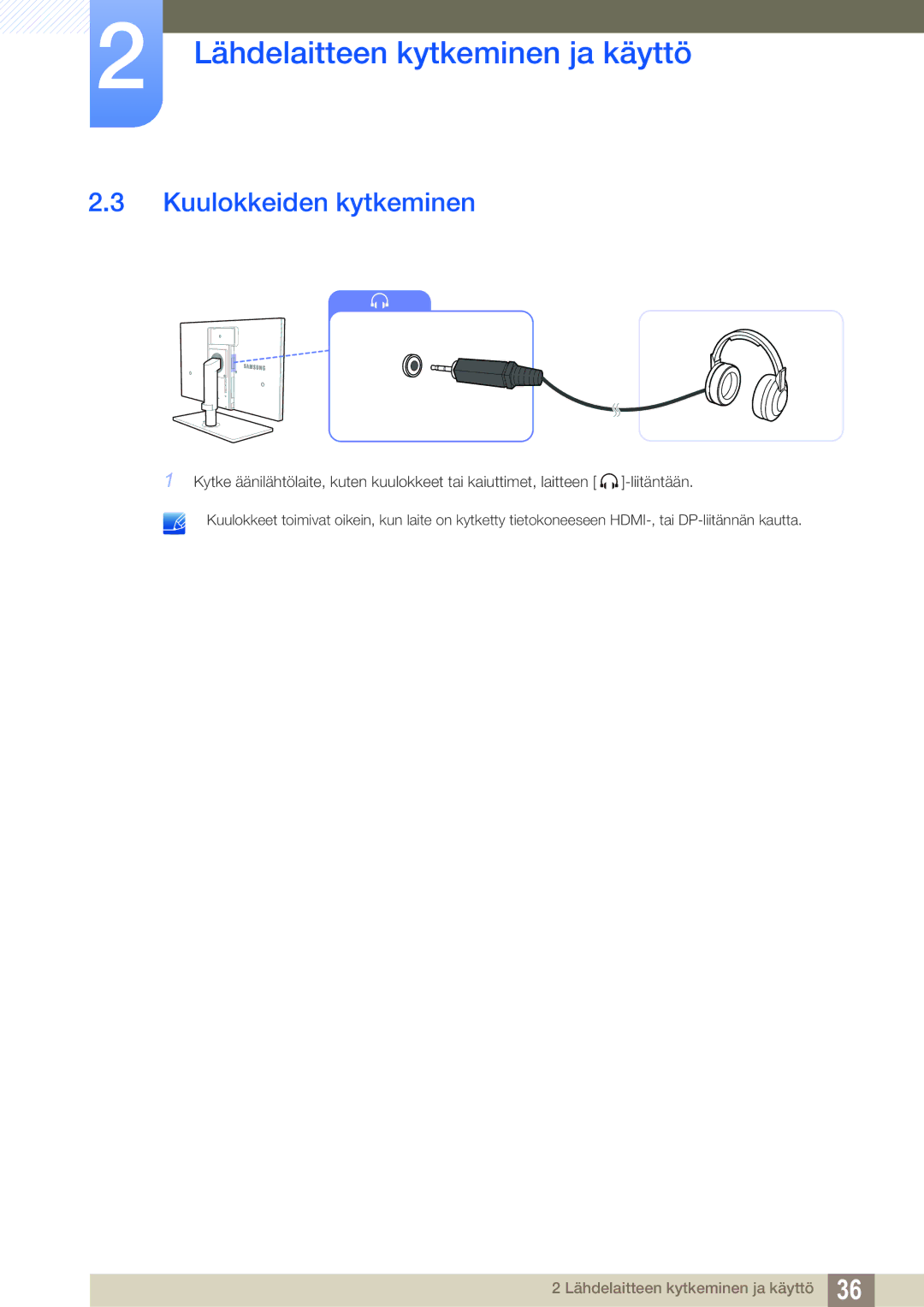 Samsung LS27A850TS/EN manual Kuulokkeiden kytkeminen 