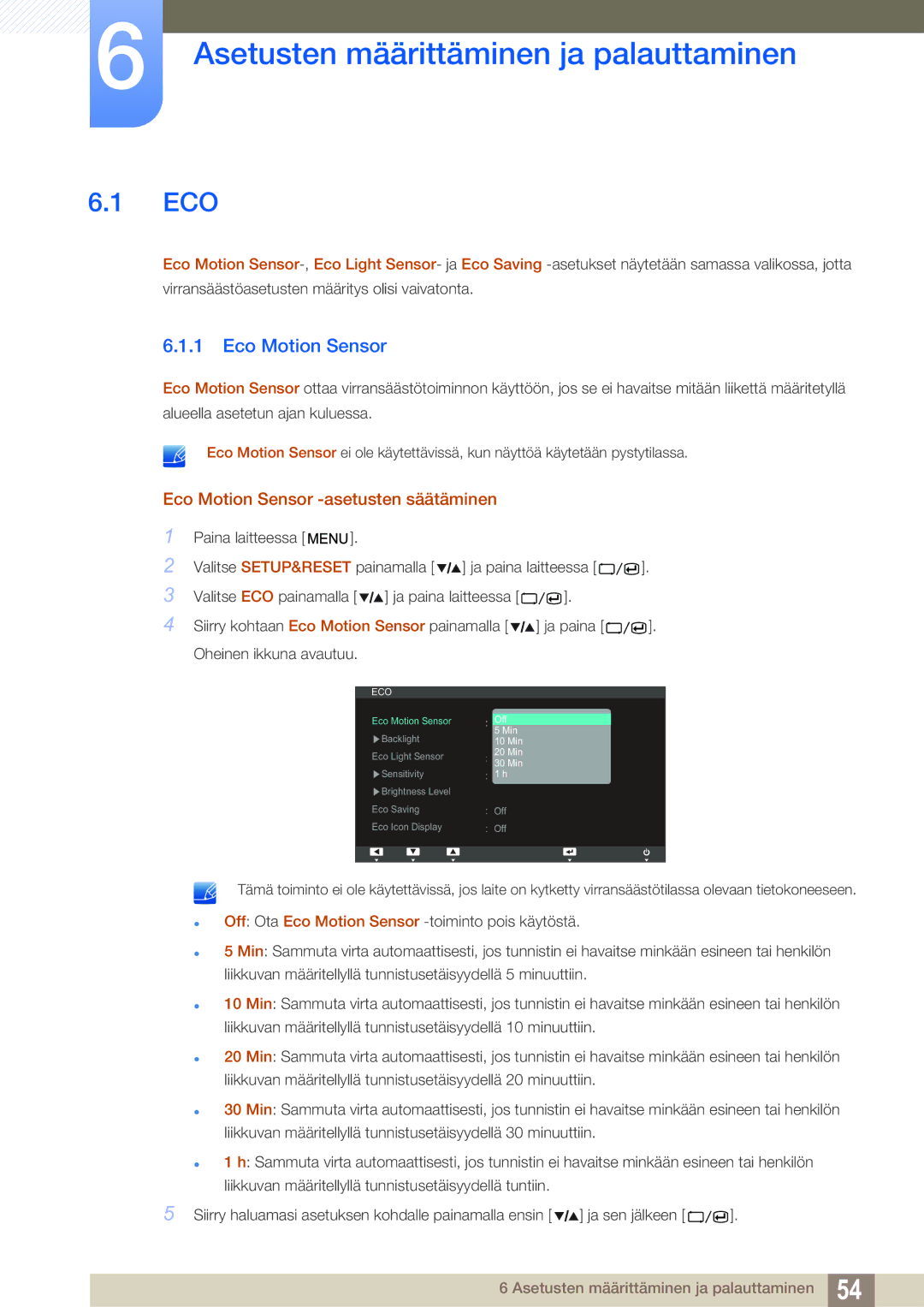 Samsung LS27A850TS/EN manual Asetusten määrittäminen ja palauttaminen, Eco Motion Sensor 
