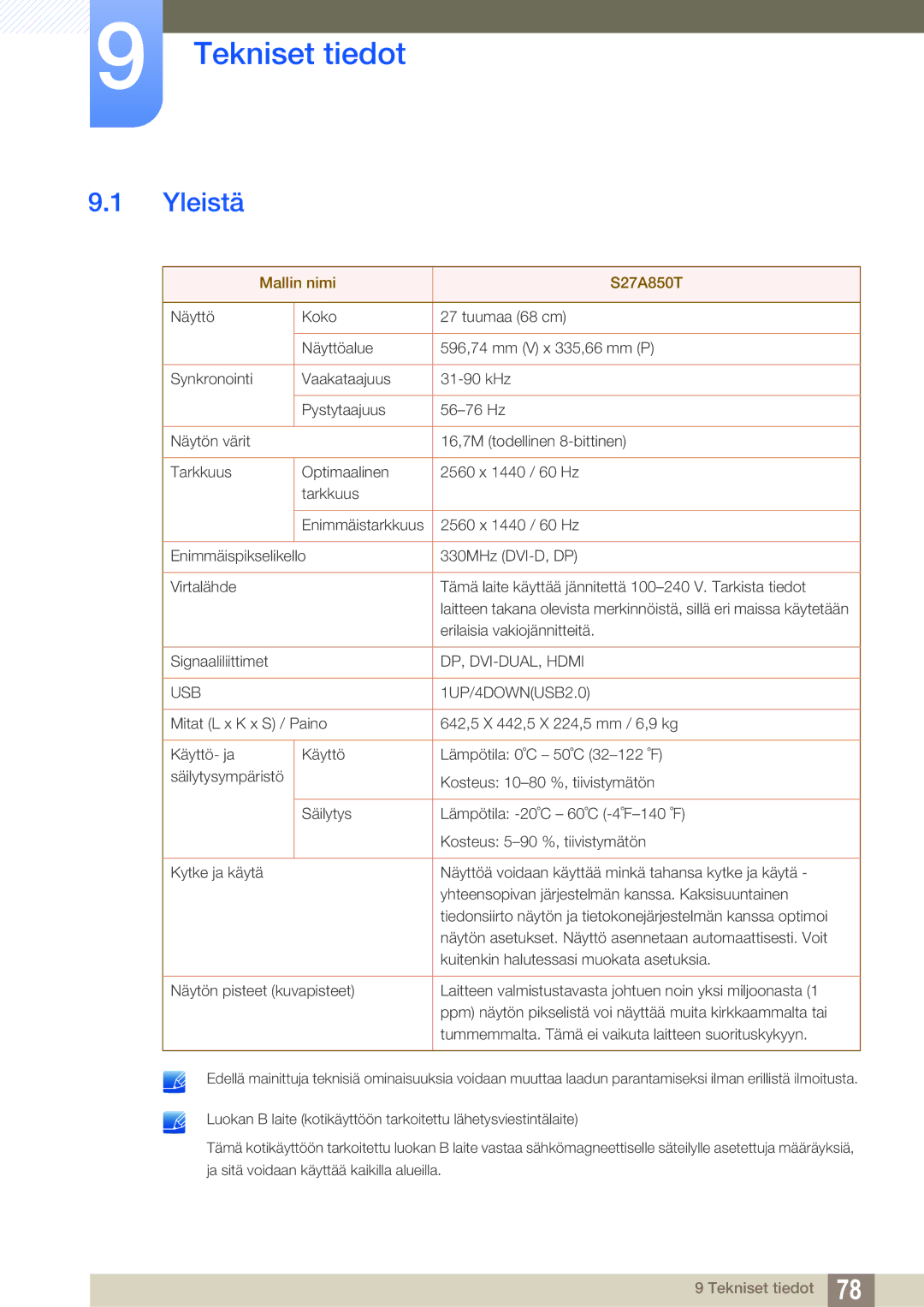 Samsung LS27A850TS/EN manual Tekniset tiedot, Yleistä 