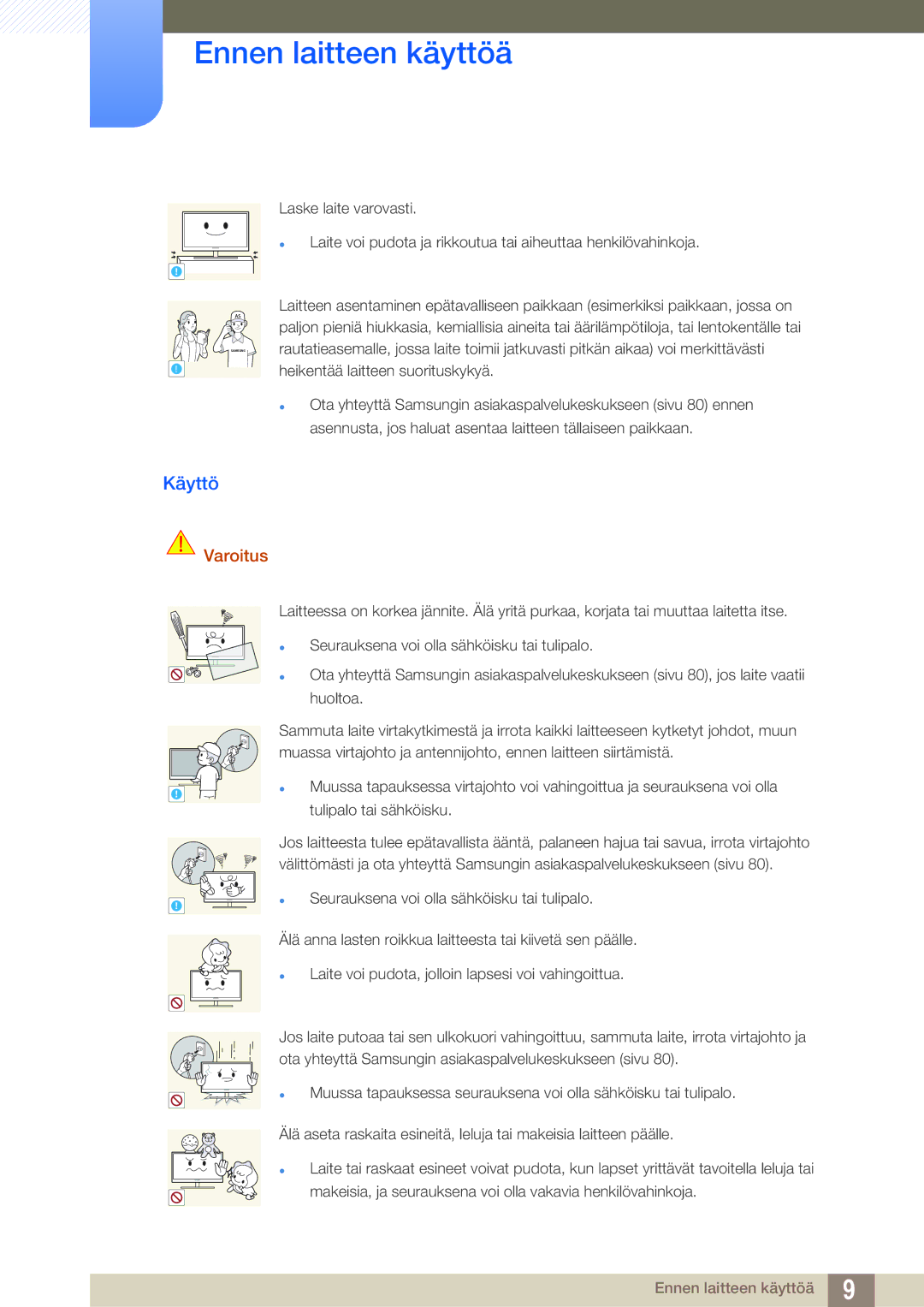 Samsung LS27A850TS/EN manual Käyttö, Tulipalo tai sähköisku 