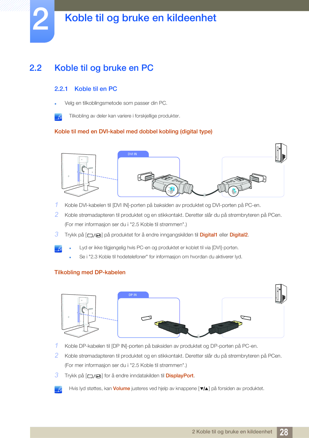 Samsung LS27A850TS/EN manual Koble til og bruke en PC, Koble til en PC, Tilkobling med DP-kabelen 