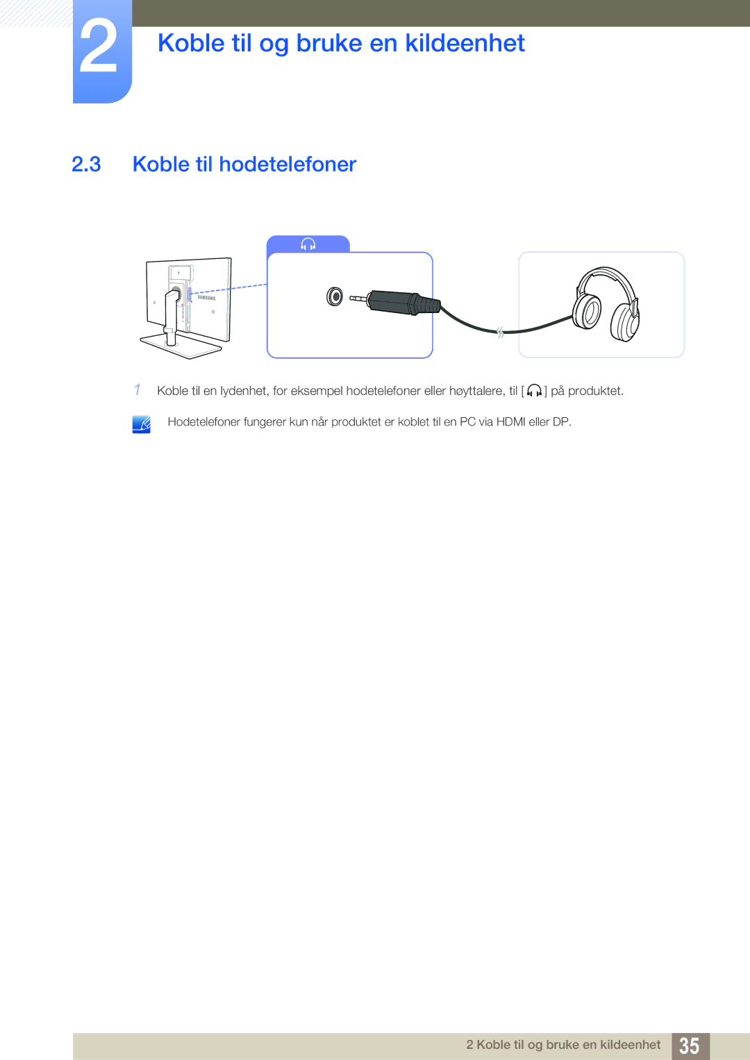 Samsung LS27A850TS/EN manual Koble til hodetelefoner 