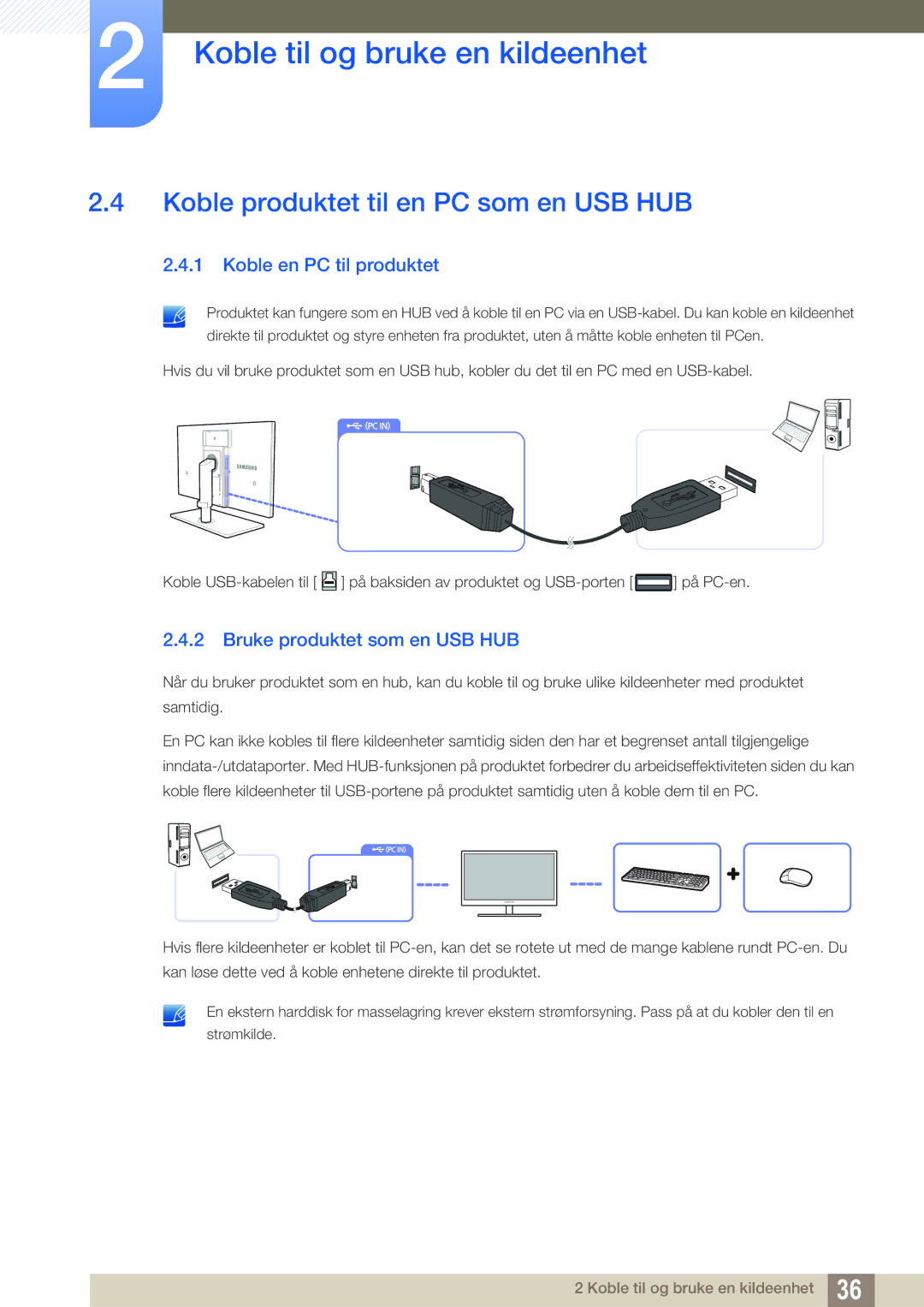 Samsung LS27A850TS/EN Koble produktet til en PC som en USB HUB, Koble en PC til produktet, Bruke produktet som en USB HUB 