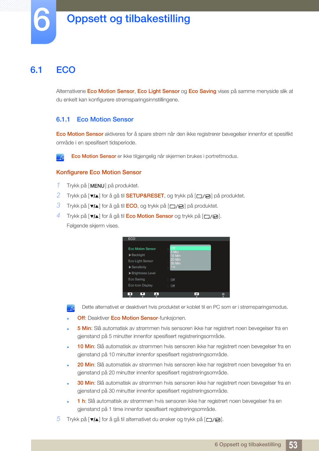 Samsung LS27A850TS/EN manual Oppsett og tilbakestilling, Konfigurere Eco Motion Sensor 