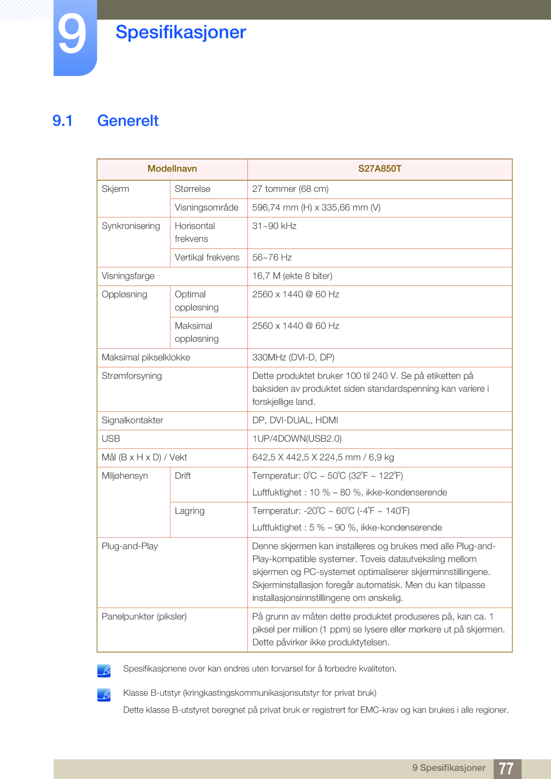 Samsung LS27A850TS/EN manual Spesifikasjoner, Generelt 