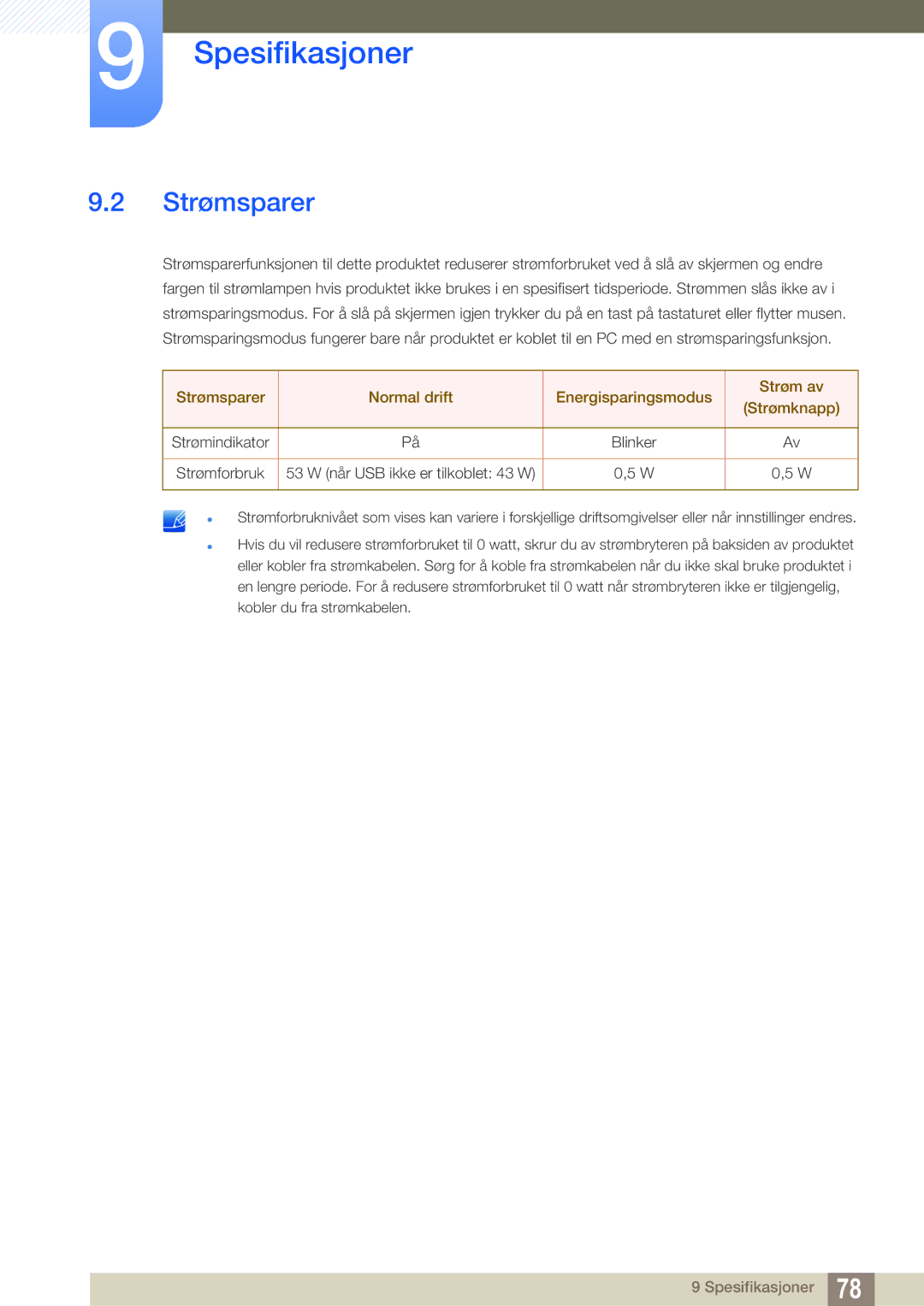 Samsung LS27A850TS/EN manual Strømsparer 