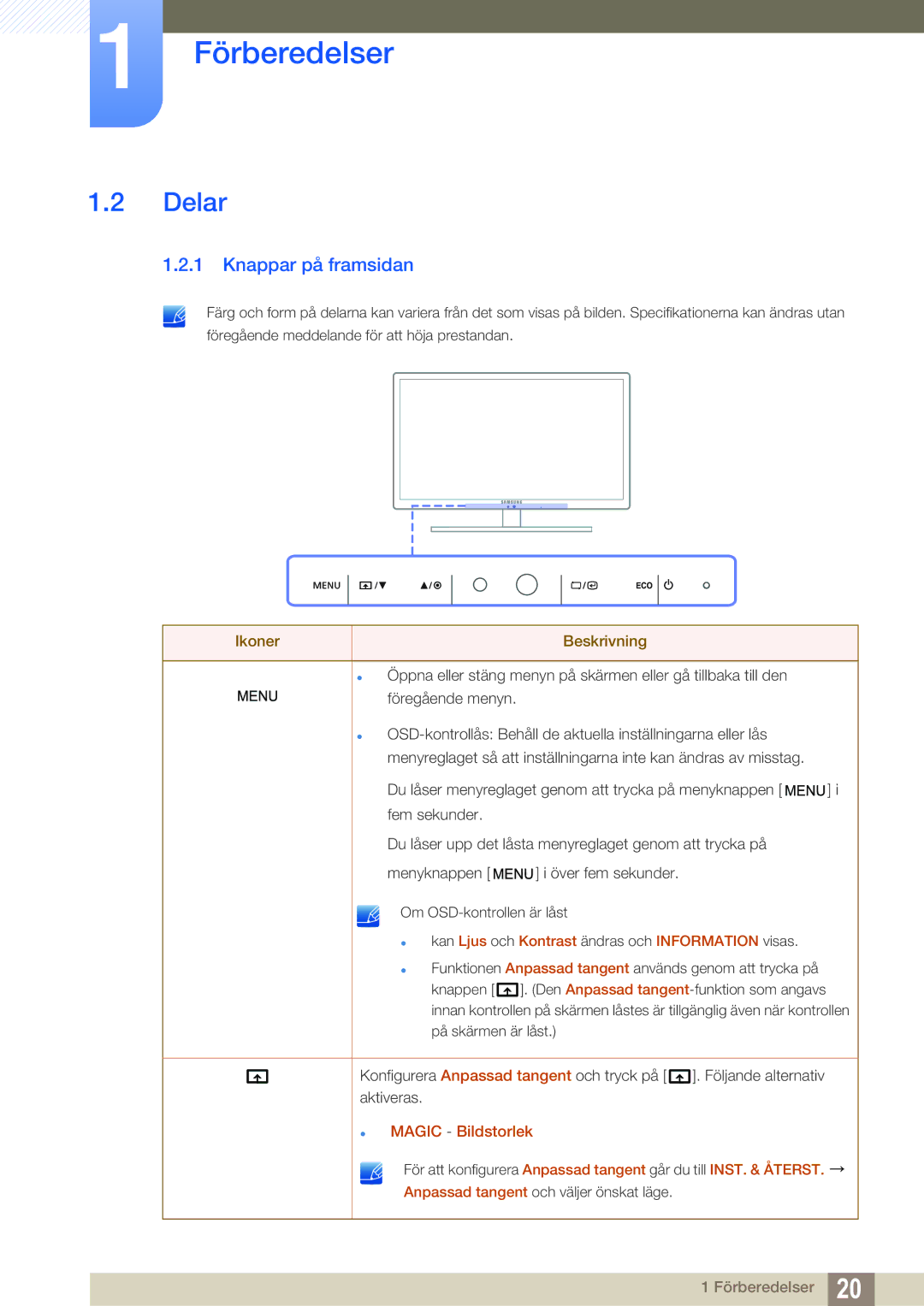 Samsung LS27A850TS/EN manual Delar, Knappar på framsidan 