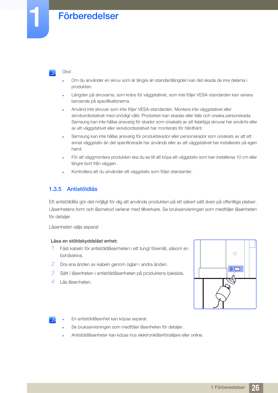 Samsung LS27A850TS/EN manual Antistöldlås 