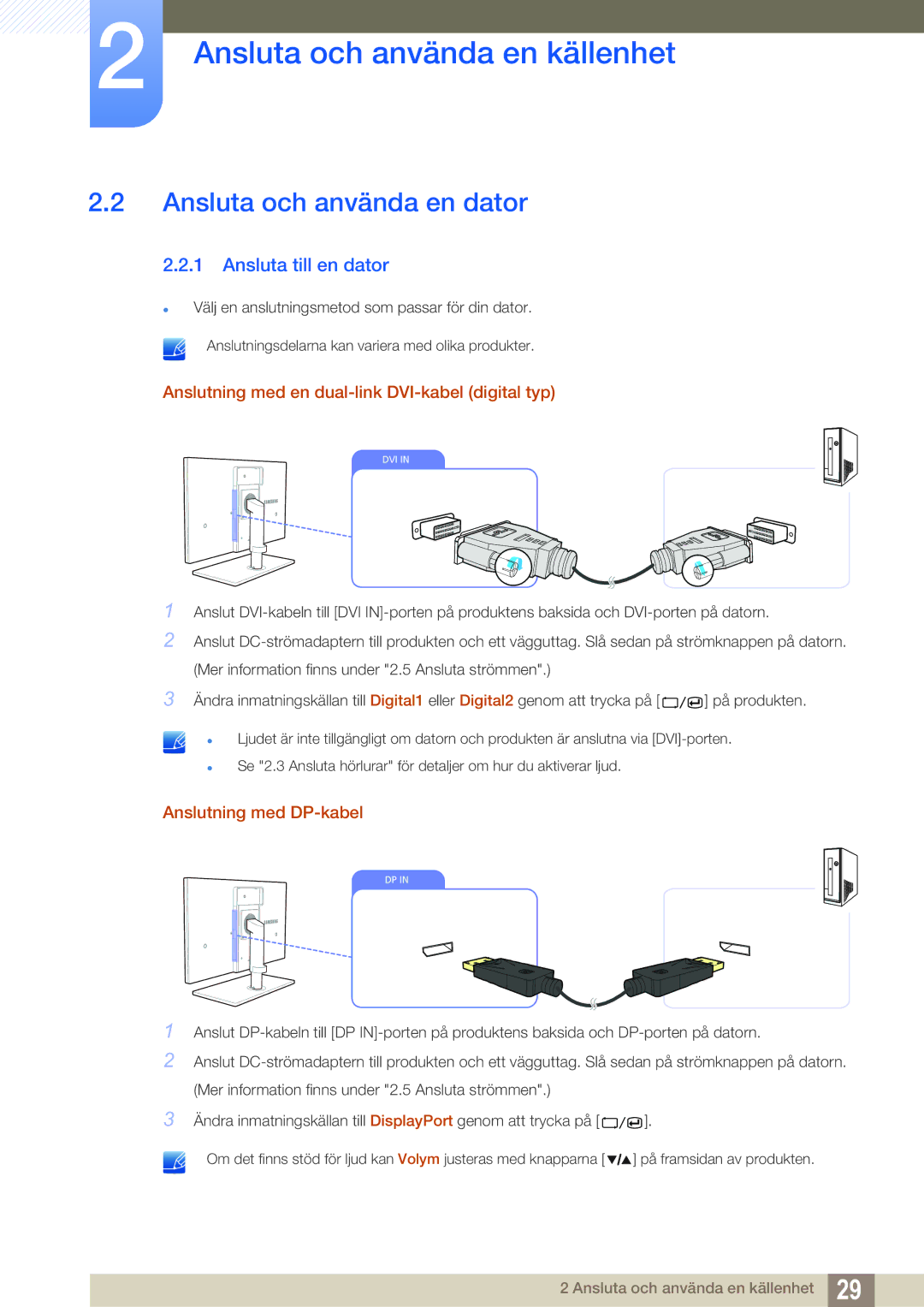 Samsung LS27A850TS/EN manual Ansluta och använda en dator, Ansluta till en dator, Anslutning med DP-kabel 