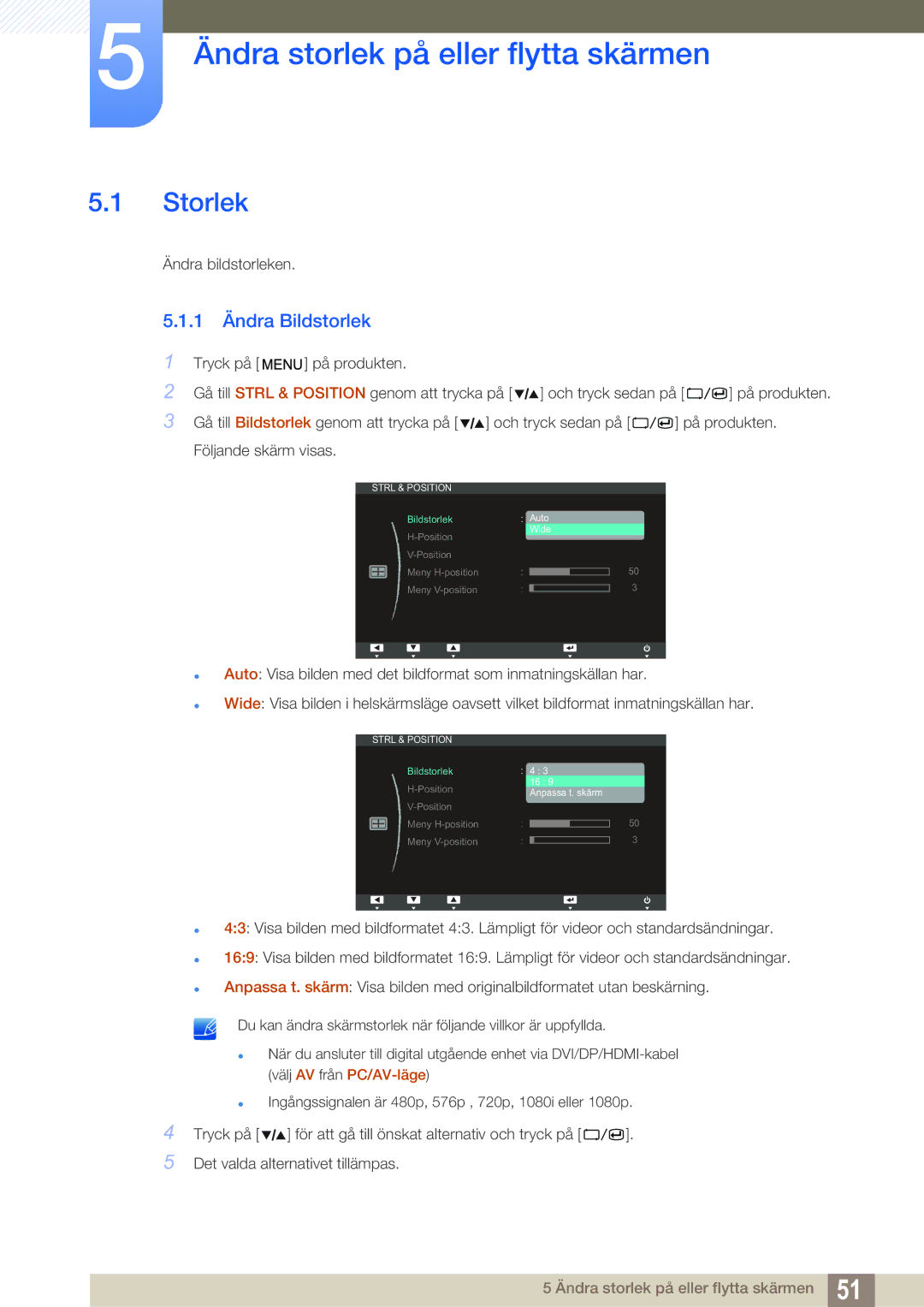 Samsung LS27A850TS/EN manual Ändra storlek på eller flytta skärmen, Storlek, 1 Ändra Bildstorlek 