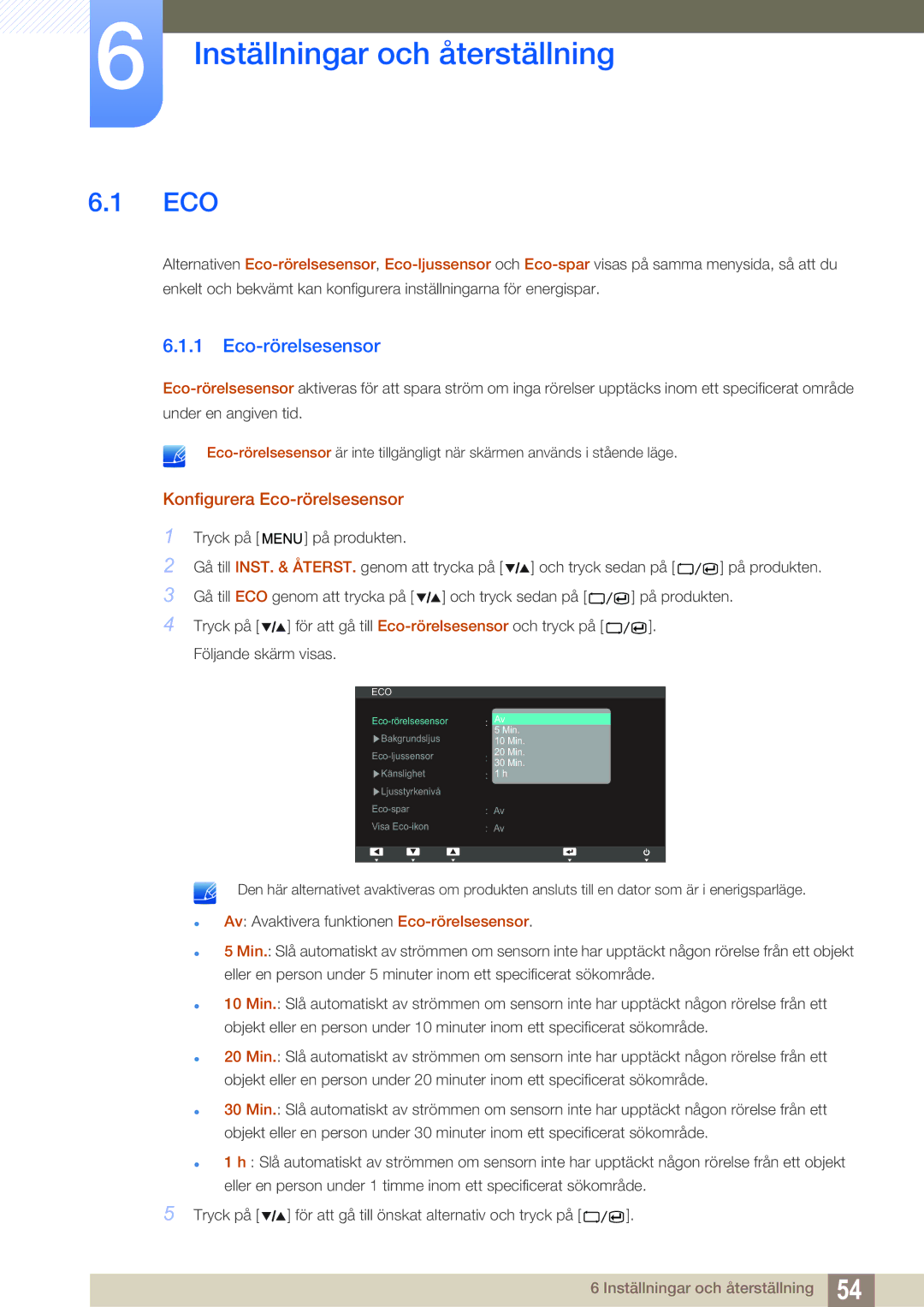 Samsung LS27A850TS/EN manual Inställningar och återställning, Konfigurera Eco-rörelsesensor 