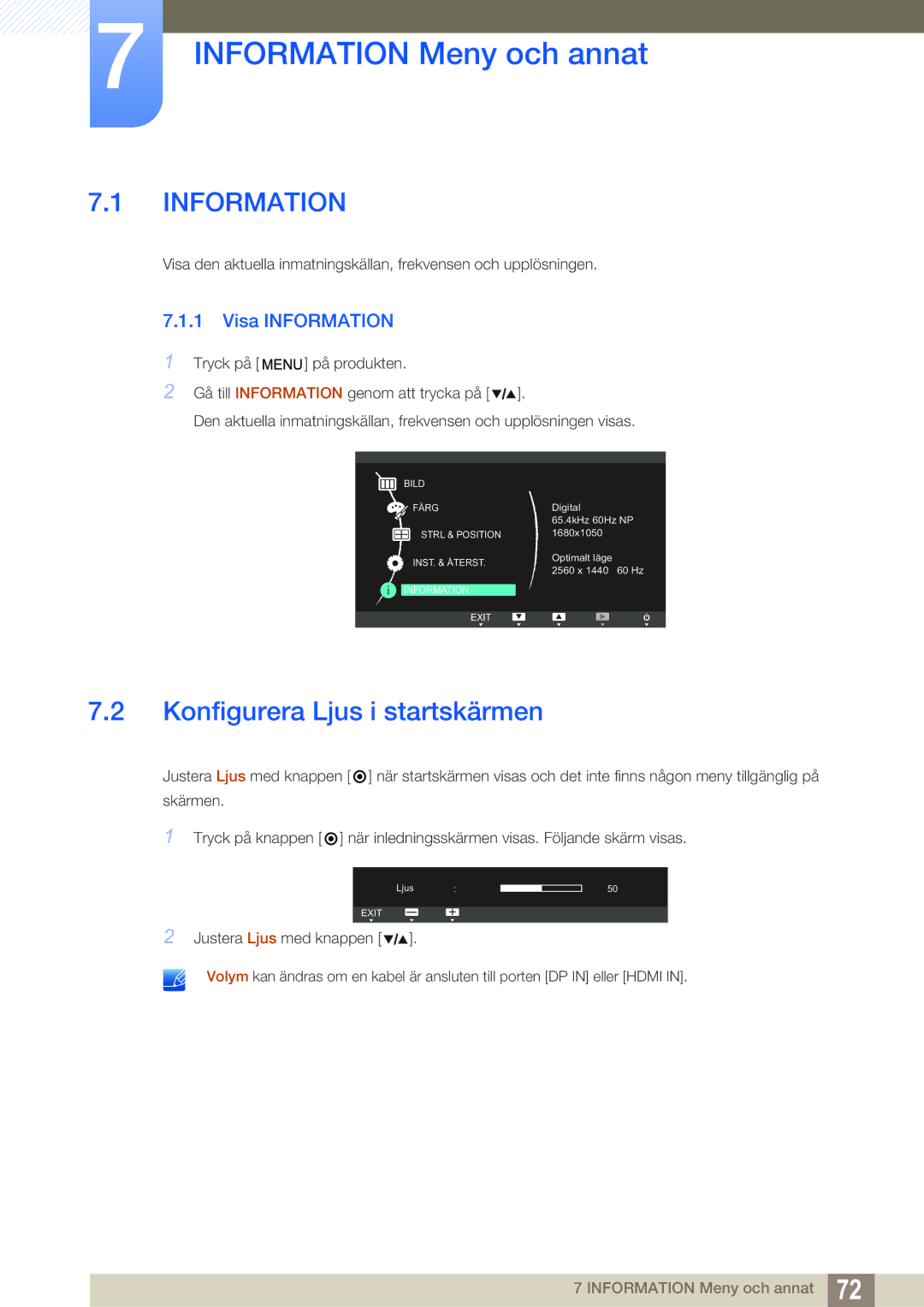 Samsung LS27A850TS/EN manual Information Meny och annat, Konfigurera Ljus i startskärmen, Visa Information 