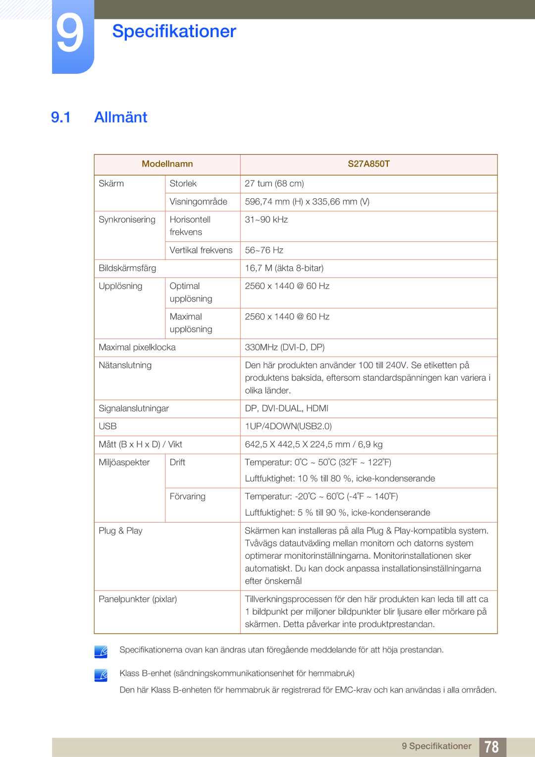 Samsung LS27A850TS/EN manual Specifikationer, Allmänt 