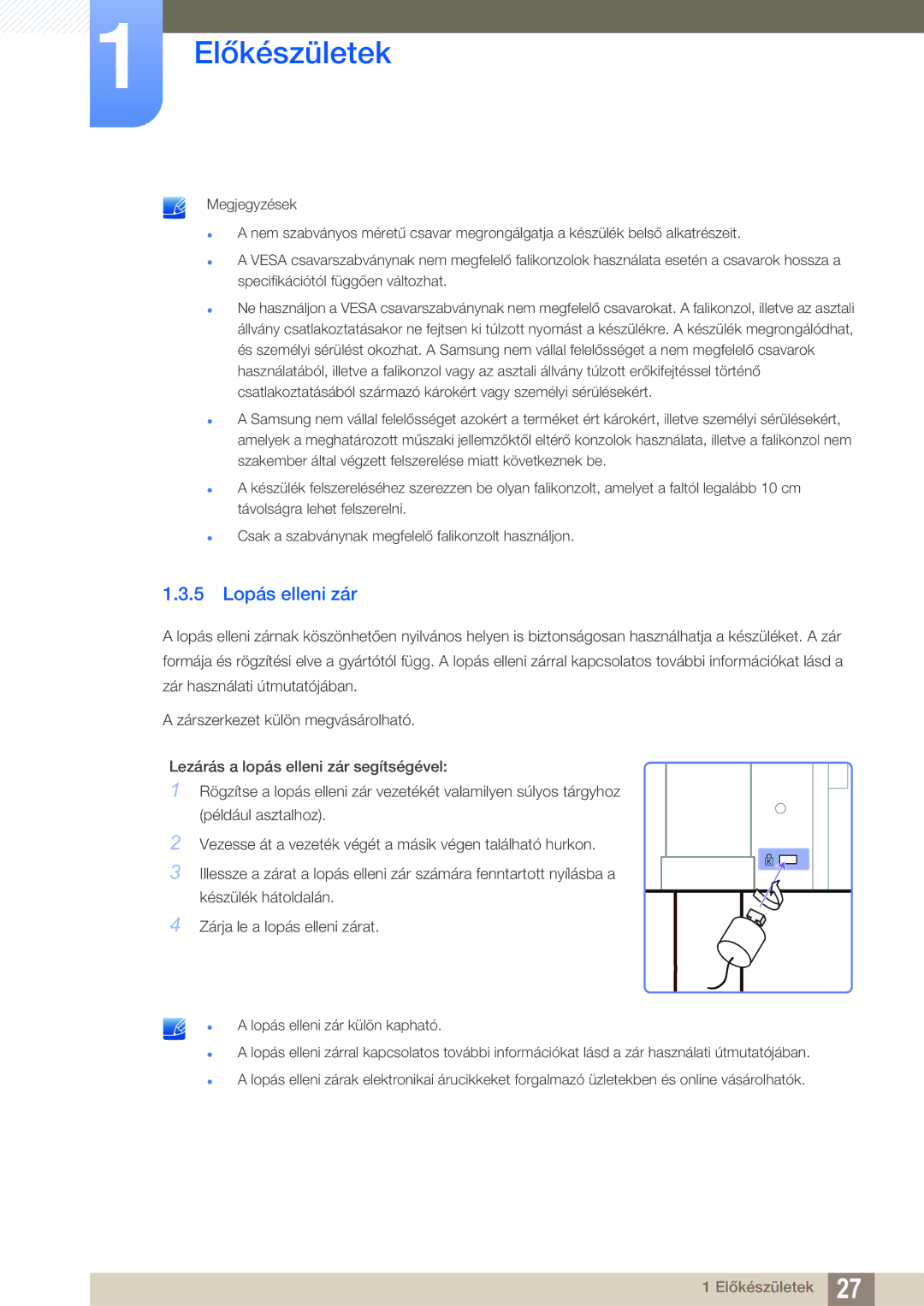 Samsung LS27A850TS/EN manual 5 Lopás elleni zár 