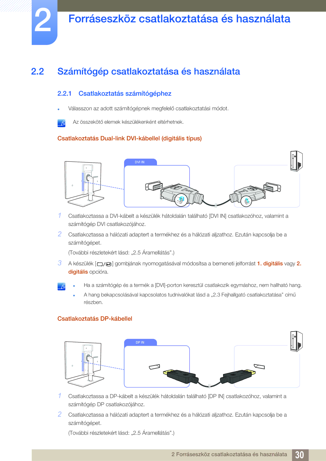 Samsung LS27A850TS/EN Számítógép csatlakoztatása és használata, Csatlakoztatás számítógéphez, Csatlakoztatás DP-kábellel 