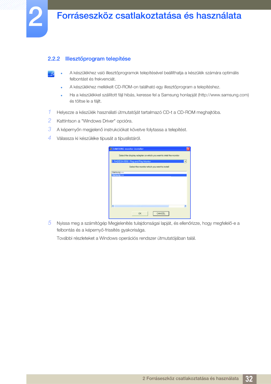 Samsung LS27A850TS/EN manual Illesztőprogram telepítése 