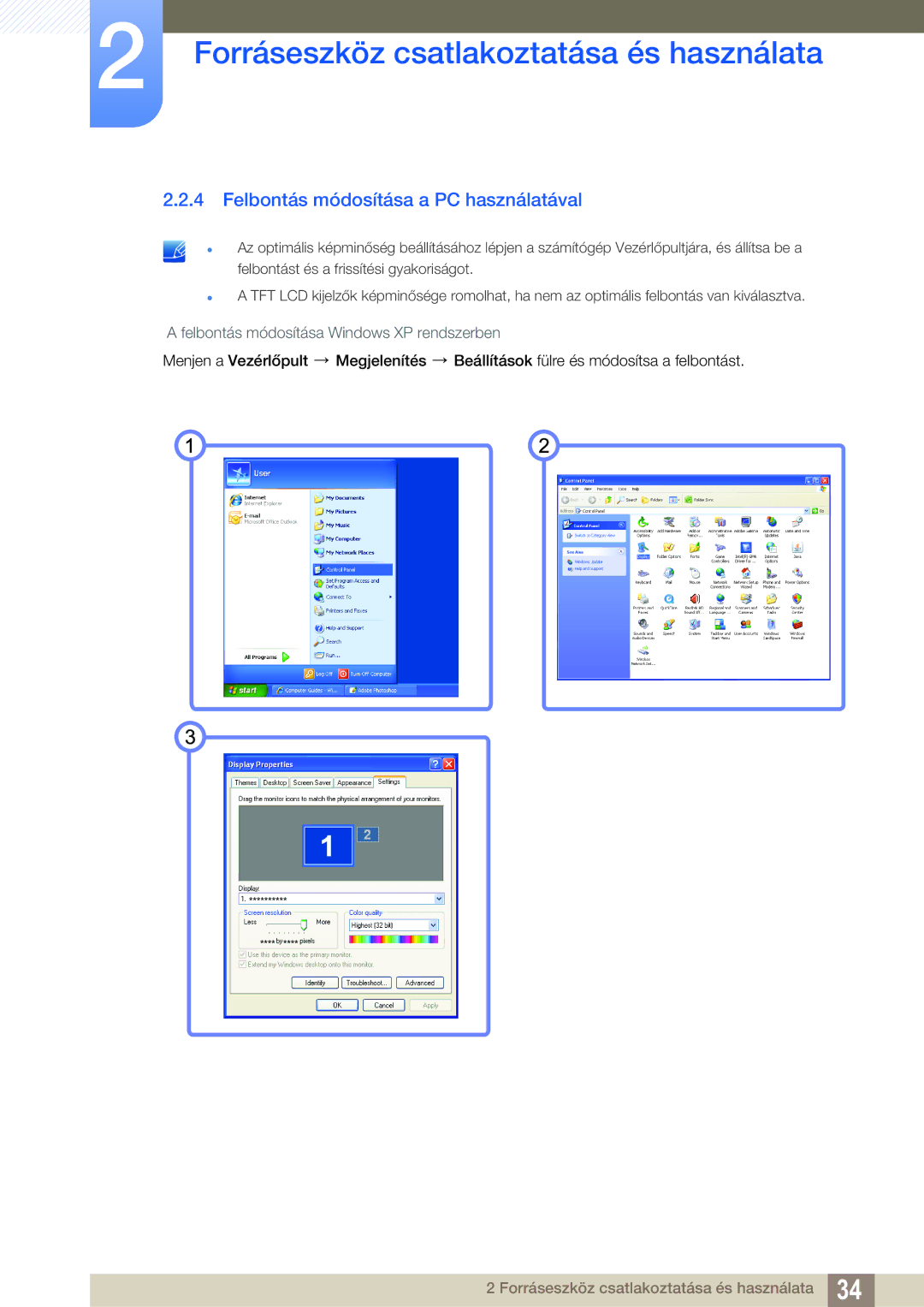 Samsung LS27A850TS/EN manual Felbontás módosítása a PC használatával 