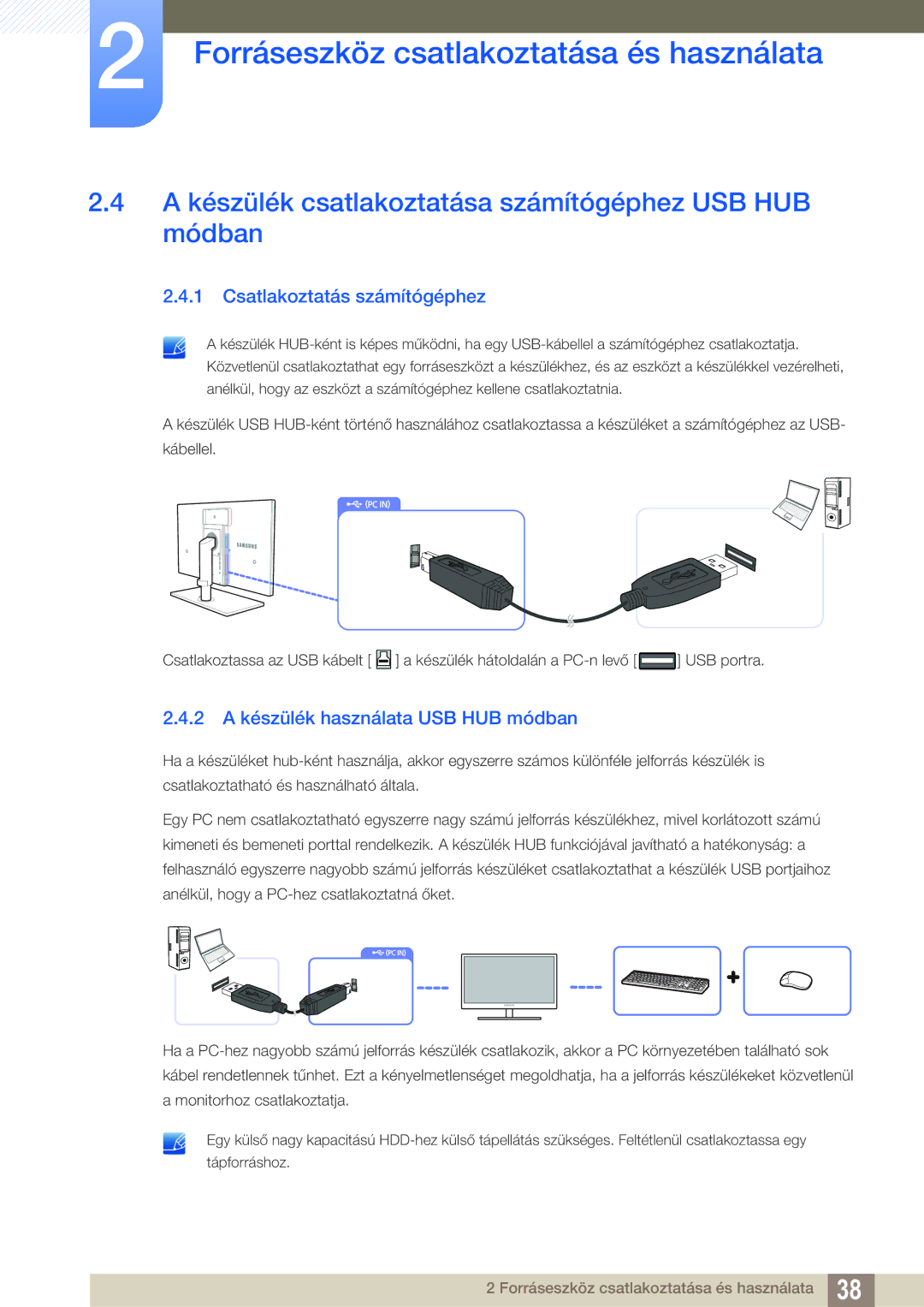 Samsung LS27A850TS/EN A készülék csatlakoztatása számítógéphez USB HUB módban, 2 a készülék használata USB HUB módban 