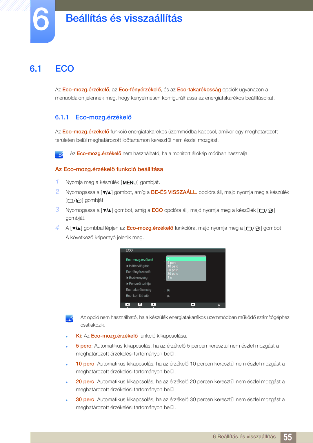 Samsung LS27A850TS/EN manual Beállítás és visszaállítás, Az Eco-mozg.érzékelő funkció beállítása 