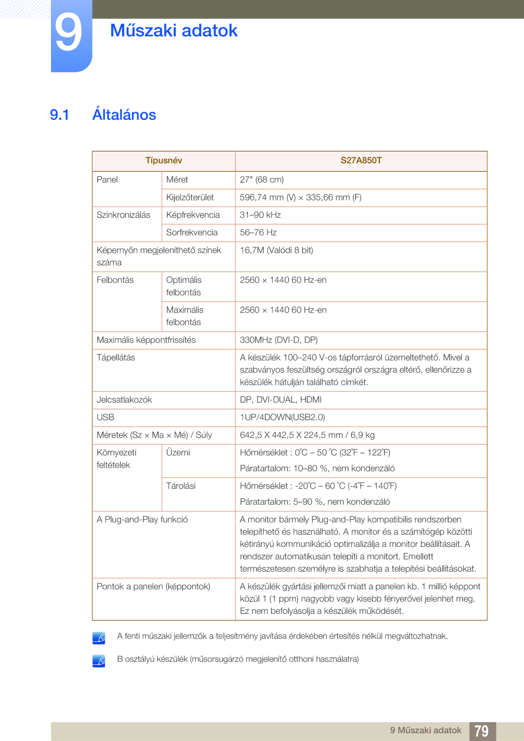 Samsung LS27A850TS/EN manual Műszaki adatok, Általános 