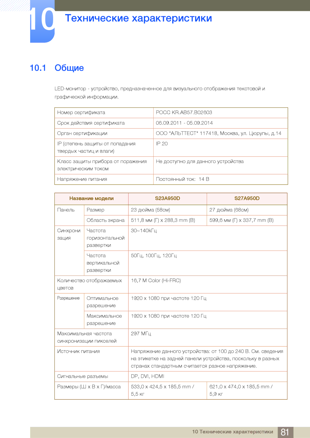 Samsung LS27A950DS/EN, LS23A950DSL/CI, LS23A950DSL/KZ, LS27A950DSLSCI manual 10 Технические характеристики, 10.1 Общие 