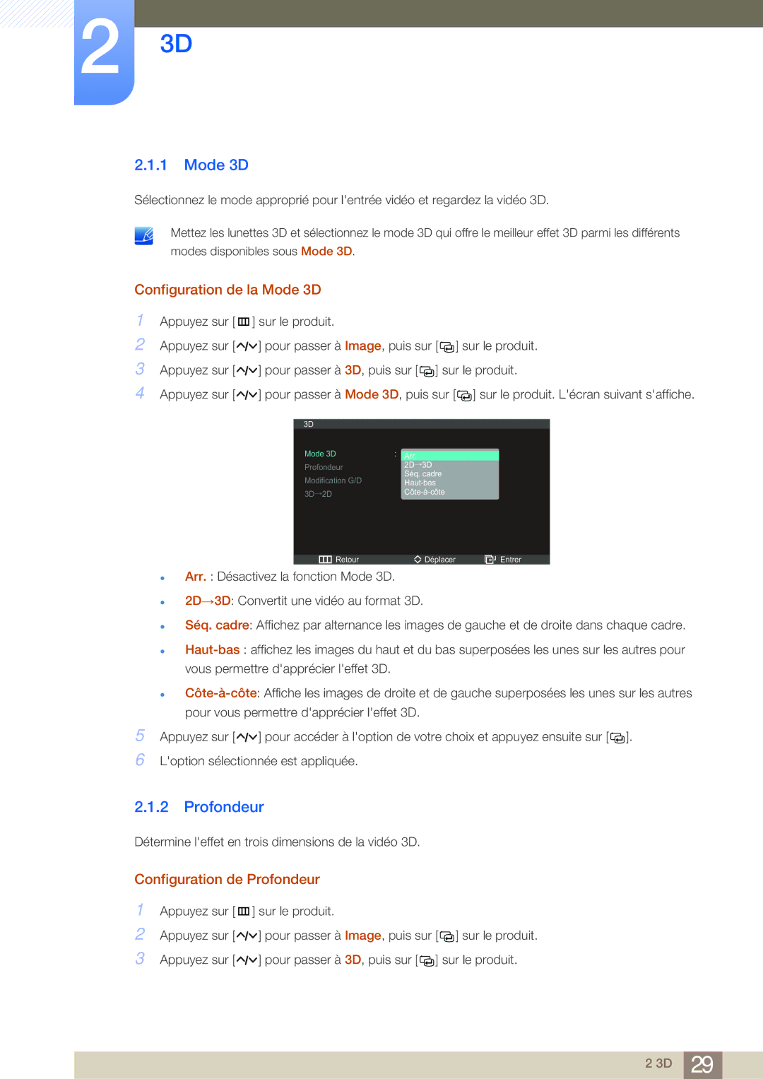 Samsung LS27A950DSL/EN, LS27A950DS/EN manual Configuration de la Mode 3D, Configuration de Profondeur 