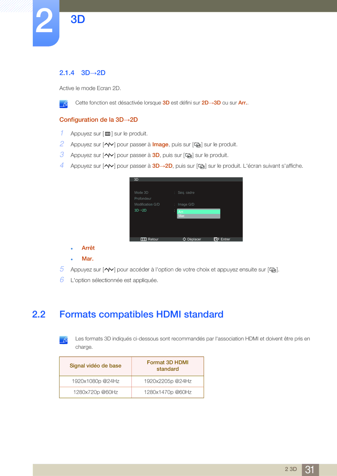 Samsung LS27A950DSL/EN, LS27A950DS/EN manual Formats compatibles Hdmi standard, 4 3D→2D, Configuration de la 3D→2D 