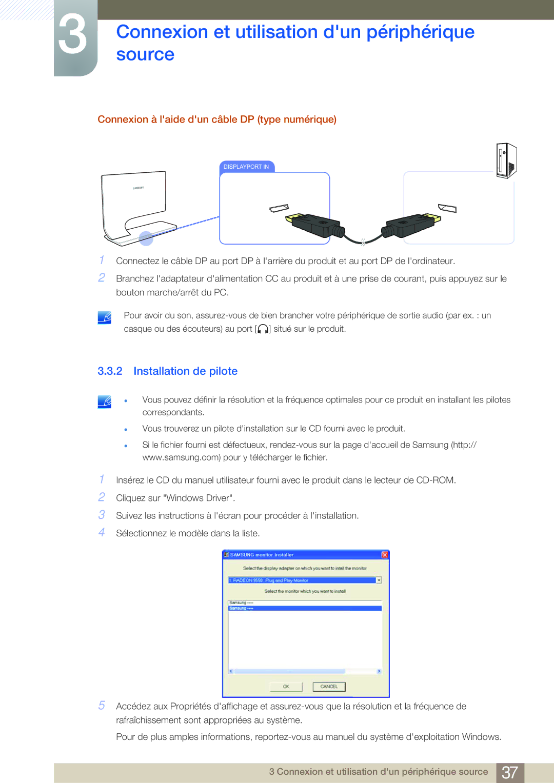 Samsung LS27A950DSL/EN, LS27A950DS/EN manual Installation de pilote, Connexion à laide dun câble DP type numérique 