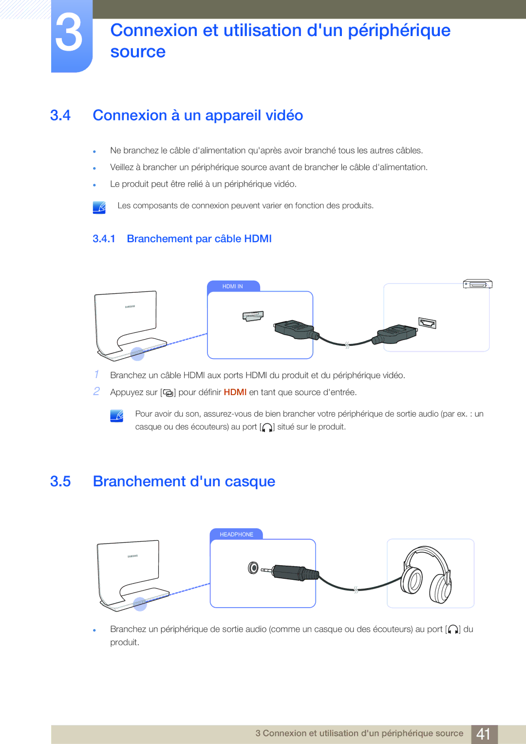 Samsung LS27A950DSL/EN, LS27A950DS/EN Connexion à un appareil vidéo, Branchement dun casque, Branchement par câble Hdmi 