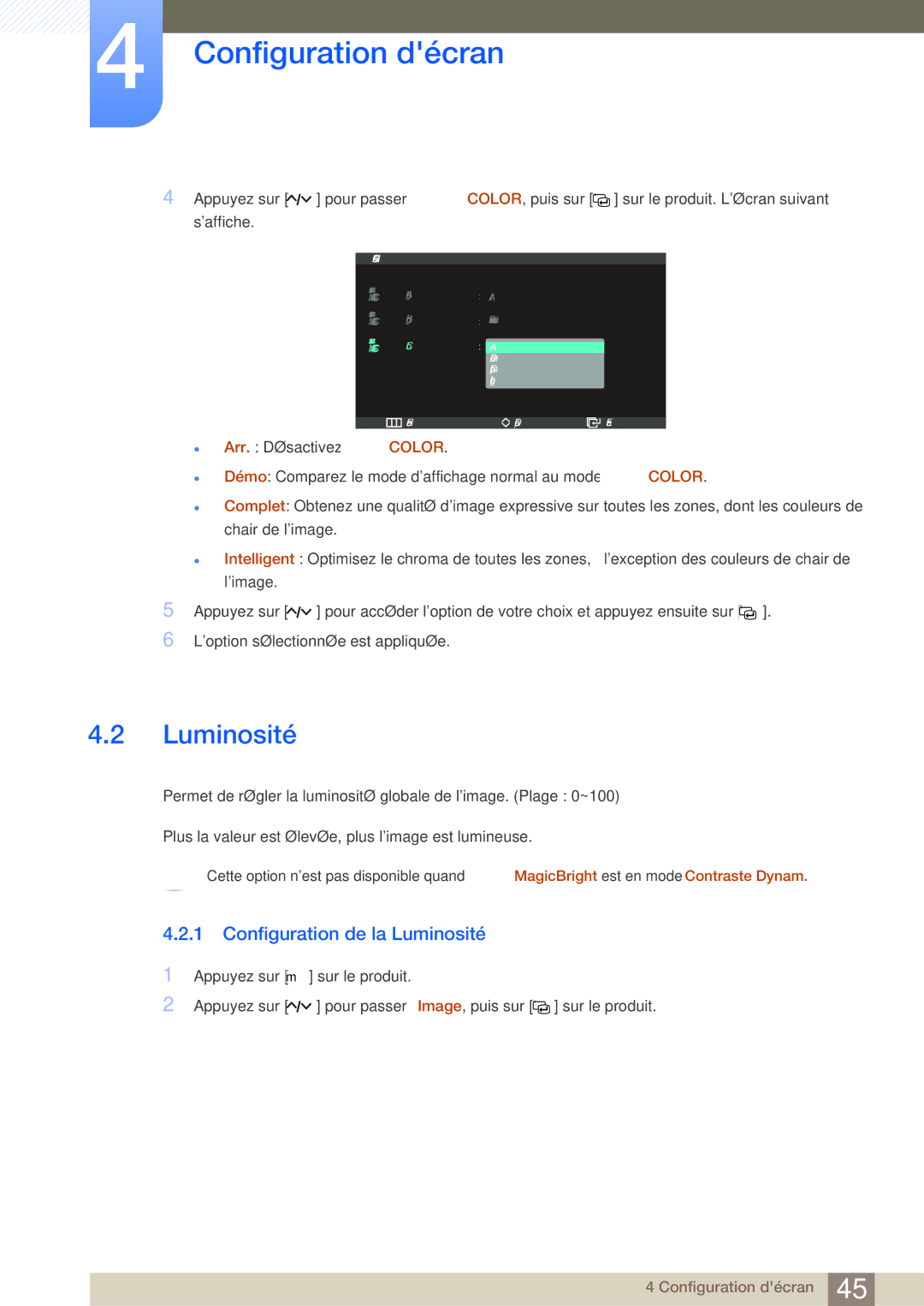 Samsung LS27A950DSL/EN, LS27A950DS/EN manual Configuration de la Luminosité 