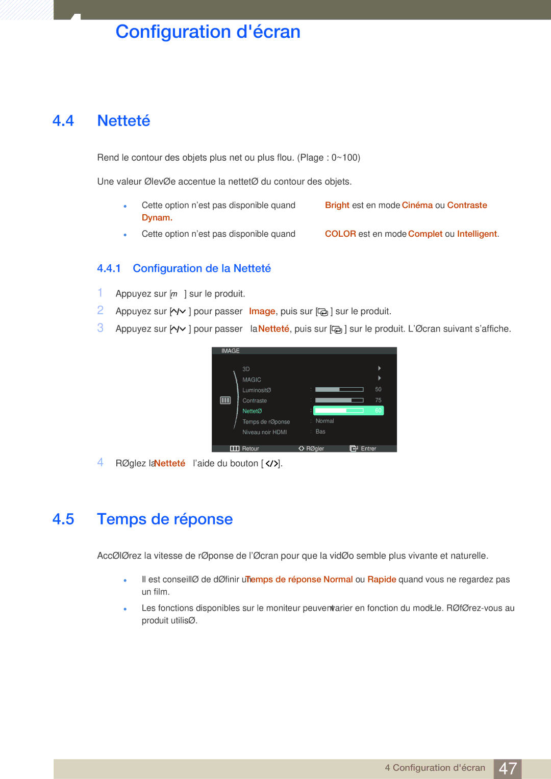 Samsung LS27A950DSL/EN, LS27A950DS/EN manual Temps de réponse, Configuration de la Netteté 