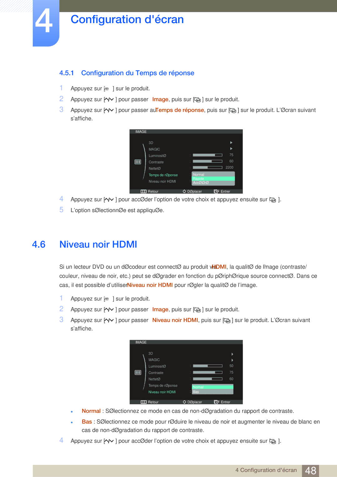 Samsung LS27A950DS/EN, LS27A950DSL/EN manual Niveau noir Hdmi, Configuration du Temps de réponse 