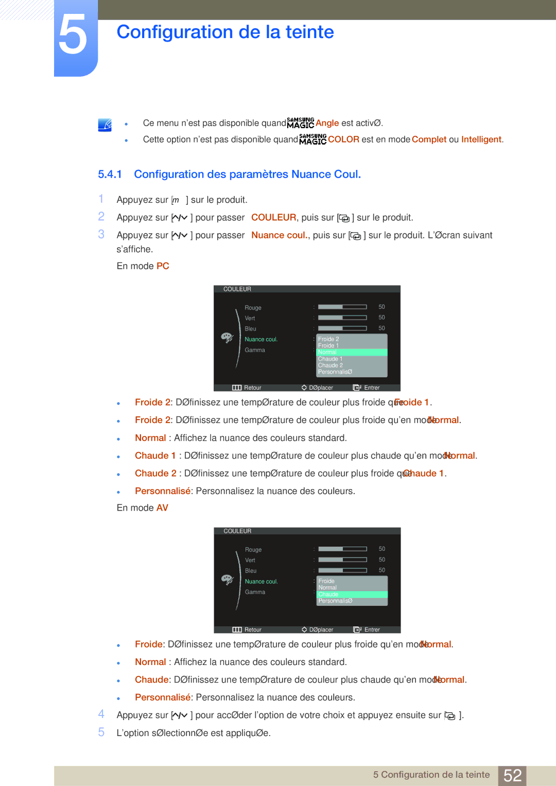 Samsung LS27A950DS/EN, LS27A950DSL/EN manual Configuration des paramètres Nuance Coul 