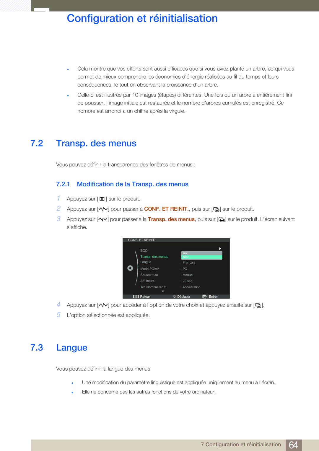 Samsung LS27A950DS/EN, LS27A950DSL/EN manual Langue, Modification de la Transp. des menus 