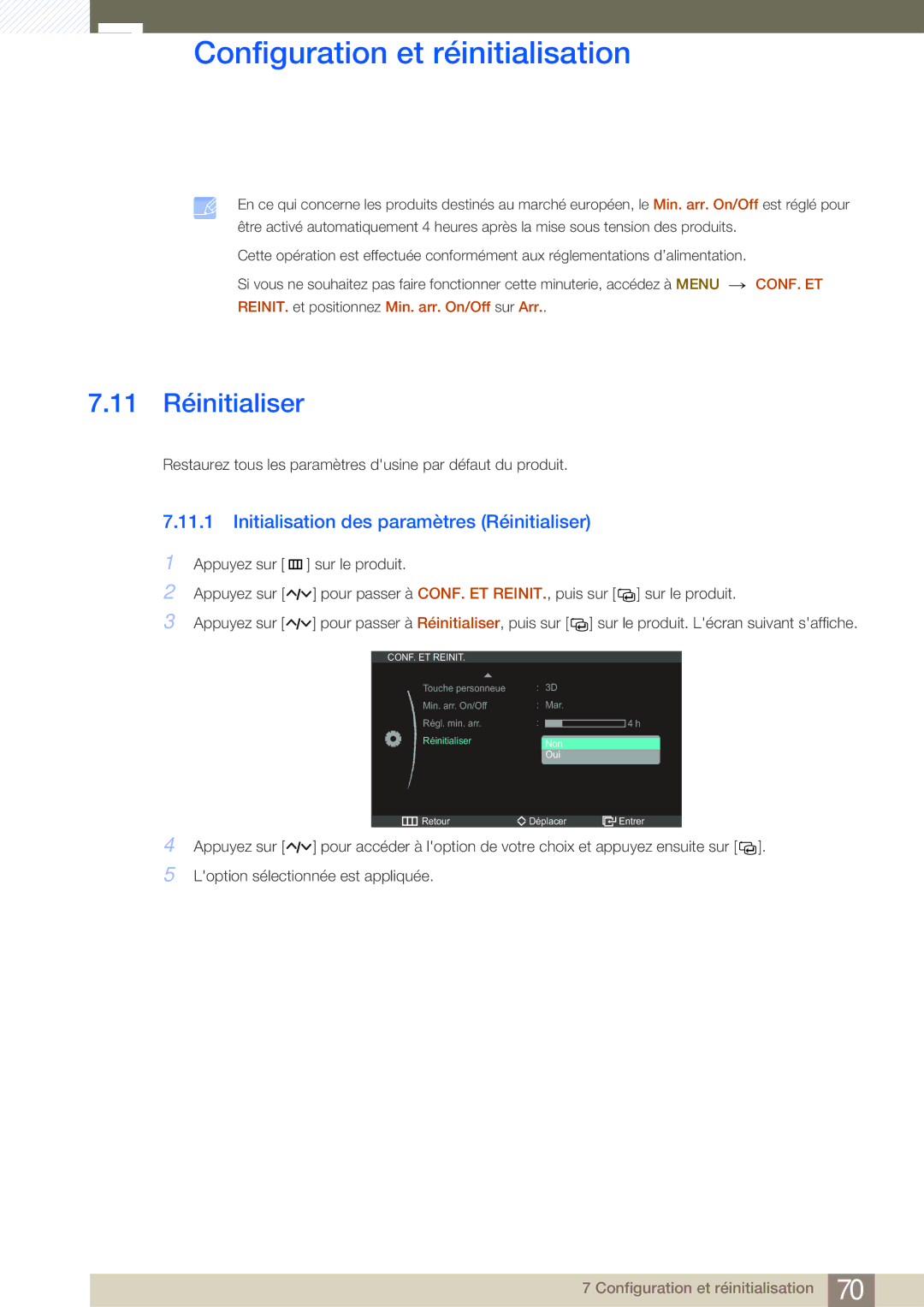 Samsung LS27A950DS/EN, LS27A950DSL/EN manual 11 Réinitialiser, Initialisation des paramètres Réinitialiser 