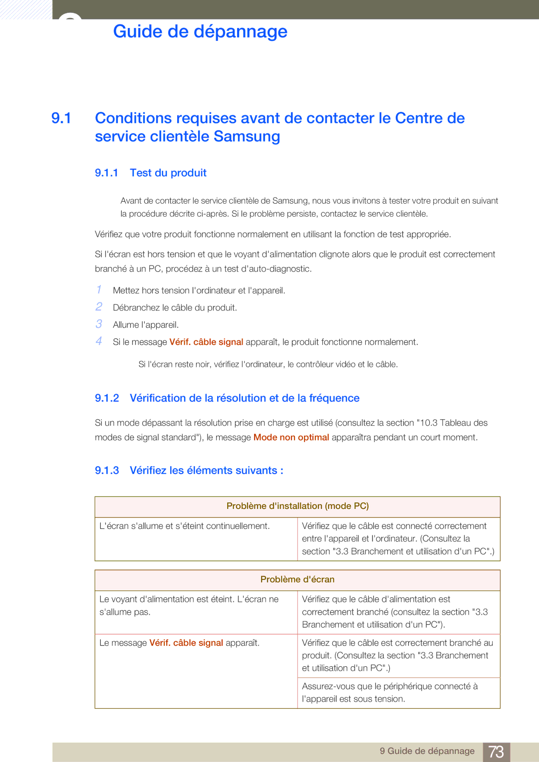 Samsung LS27A950DSL/EN manual Guide de dépannage, Test du produit, 2 Vérification de la résolution et de la fréquence 