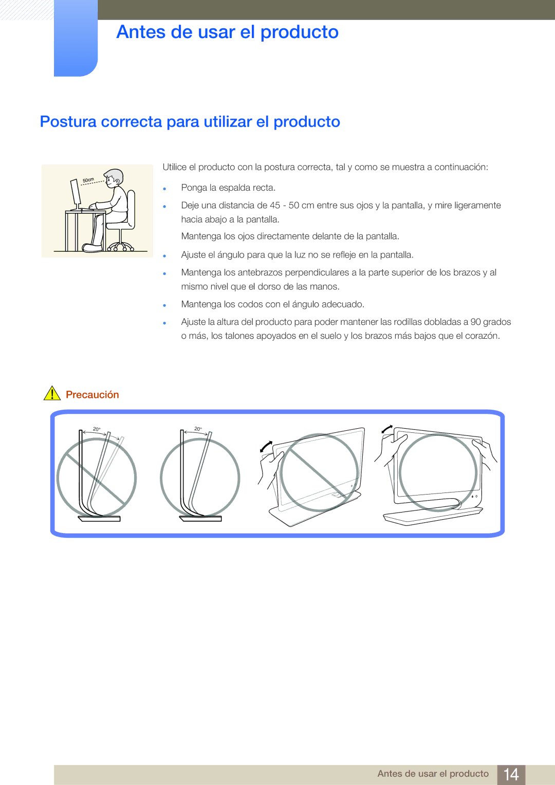 Samsung LS27A950DS/EN, LS27A950DSL/EN manual Postura correcta para utilizar el producto, Precaución 