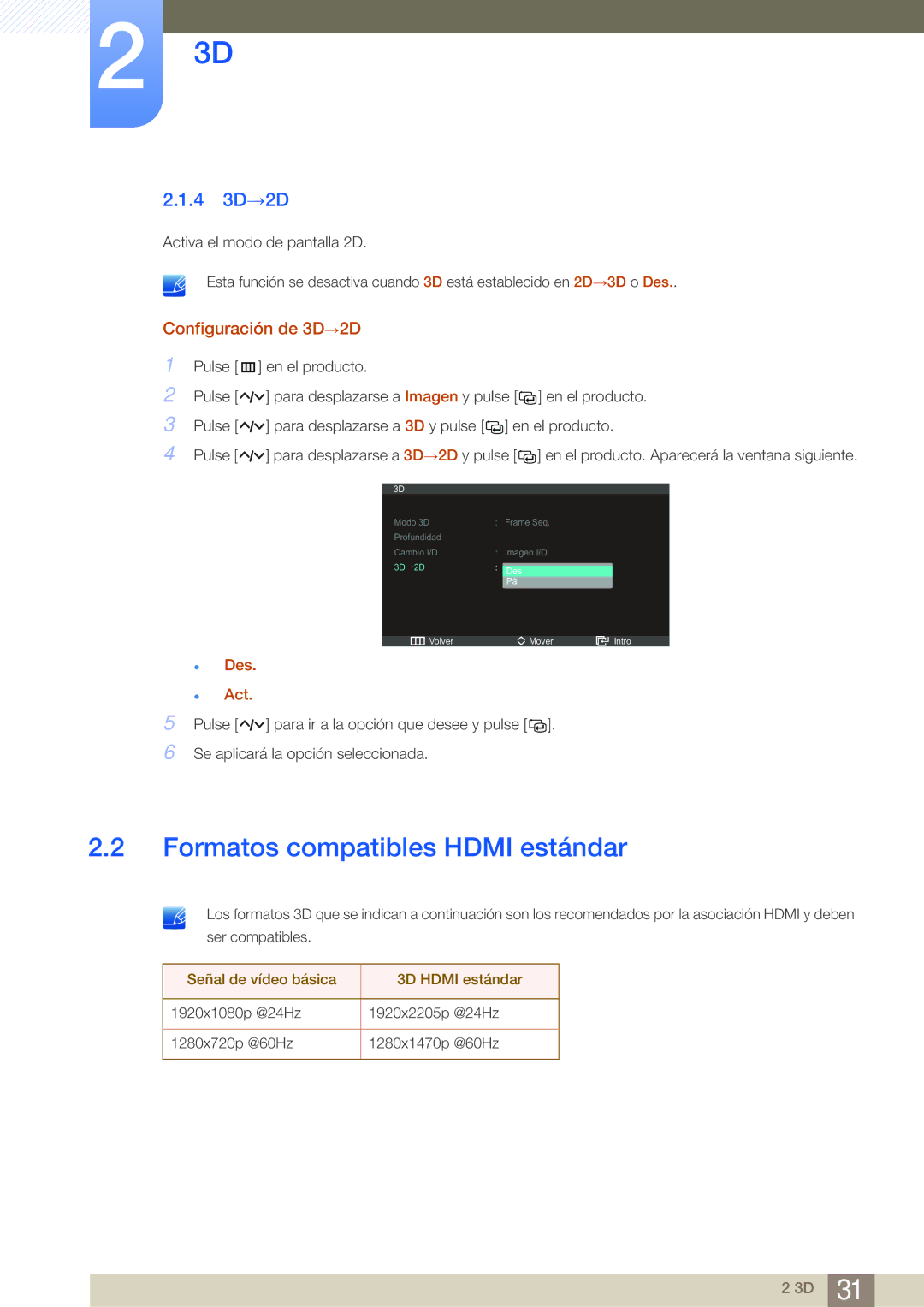 Samsung LS27A950DSL/EN, LS27A950DS/EN manual Formatos compatibles Hdmi estándar, 4 3D→2D, Configuración de 3D→2D 