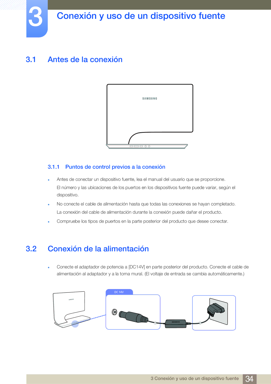 Samsung LS27A950DS/EN manual Conexión y uso de un dispositivo fuente, Antes de la conexión, Conexión de la alimentación 