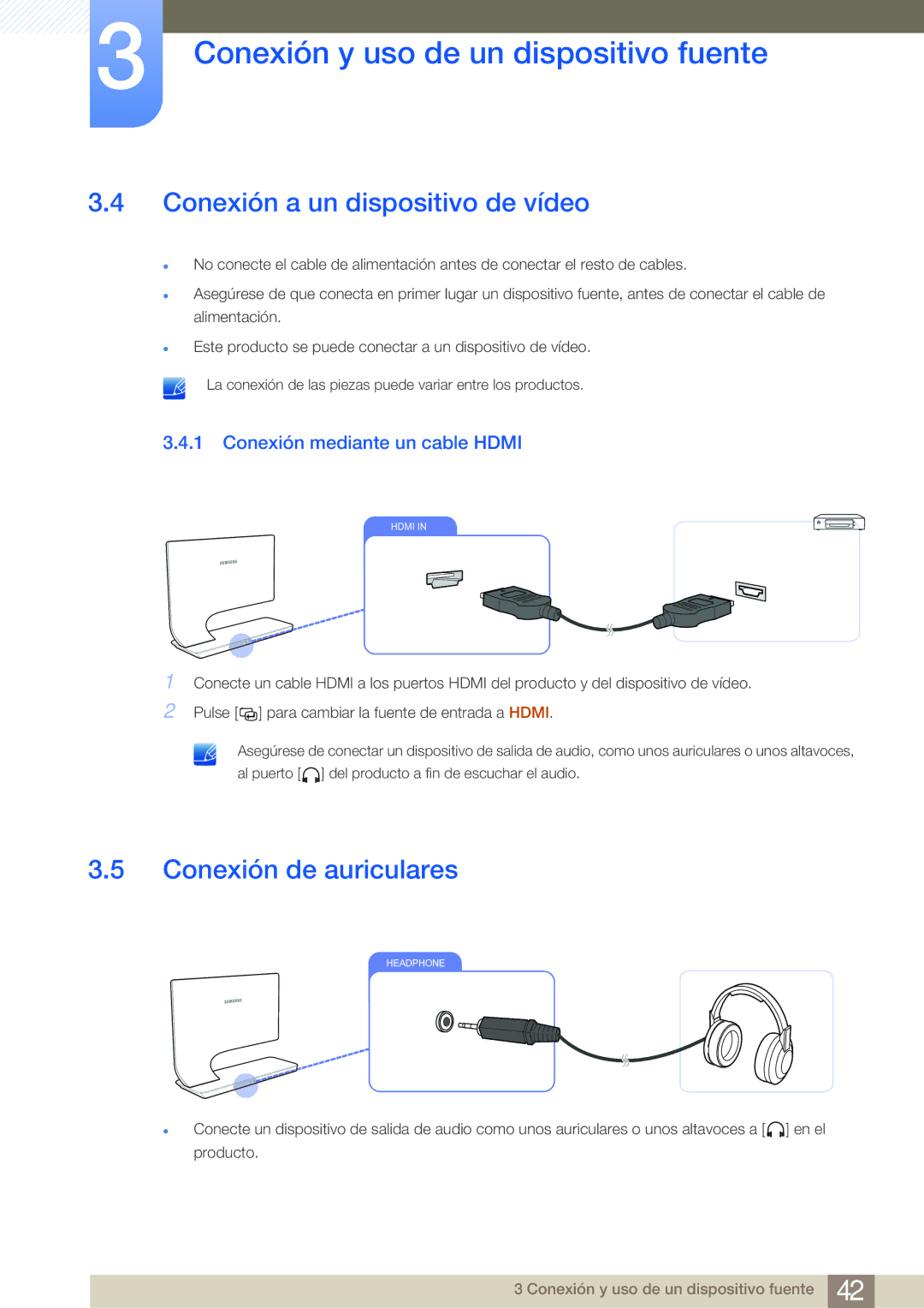 Samsung LS27A950DS/EN manual Conexión a un dispositivo de vídeo, Conexión de auriculares, Conexión mediante un cable Hdmi 