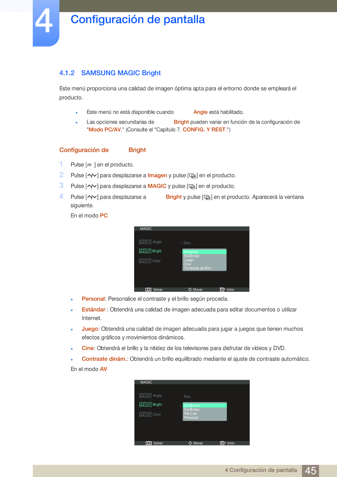 Samsung LS27A950DSL/EN, LS27A950DS/EN manual Samsung Magic Bright, Configuración de Bright 