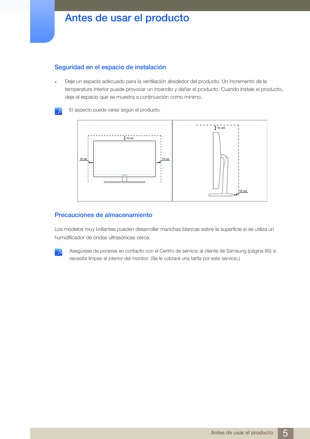 Samsung LS27A950DSL/EN, LS27A950DS/EN manual Seguridad en el espacio de instalación, Precauciones de almacenamiento 