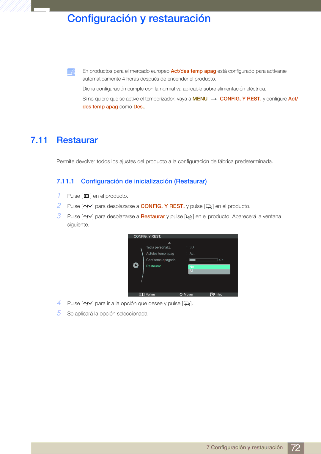 Samsung LS27A950DS/EN, LS27A950DSL/EN manual Configuración de inicialización Restaurar 